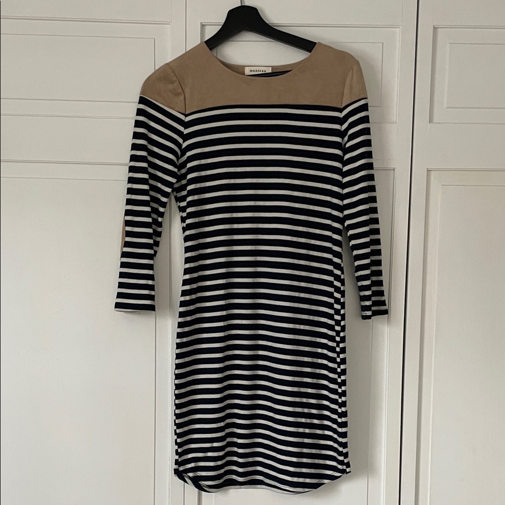 Monteau Black‎ and White Striped Dress with Tan Accents
